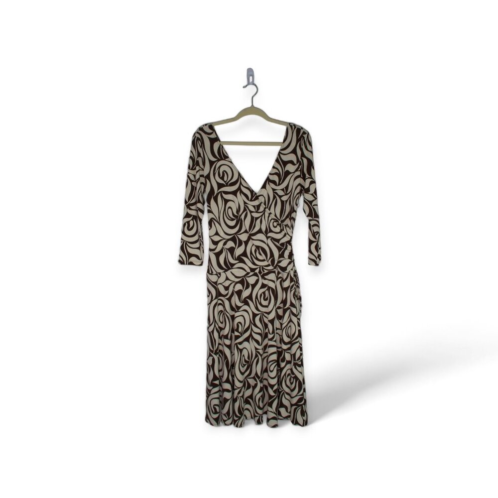 Abstract Rose Printed Faux Wrap Ruched Dress with 3/4 Length Sleeves
